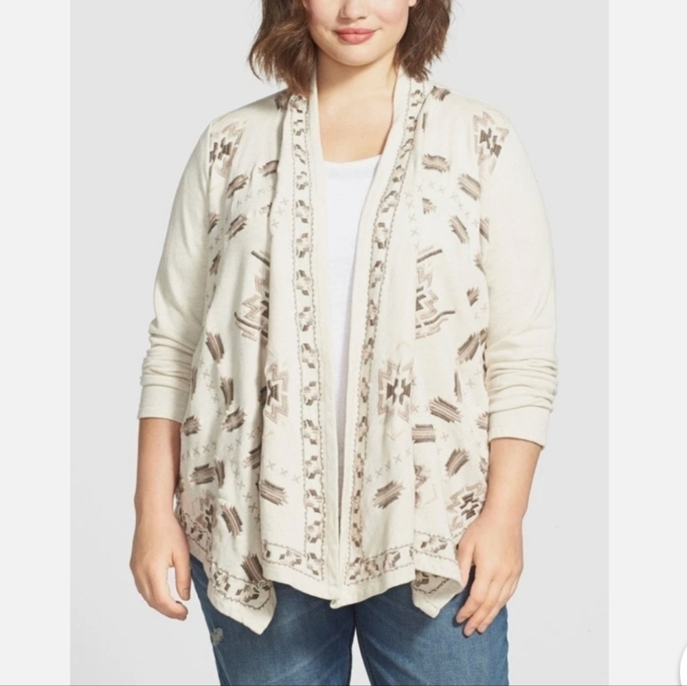 Lucky Brand Lotus Embroidered Open Front Cardigan Cream Boho Small